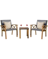 Flynama 3 Piece Patio Bistro Set Wood Grain Aluminum Wicker Porch Chairs with Coffee Table Beige Waterproof Pillows Outdoor Conversation Set