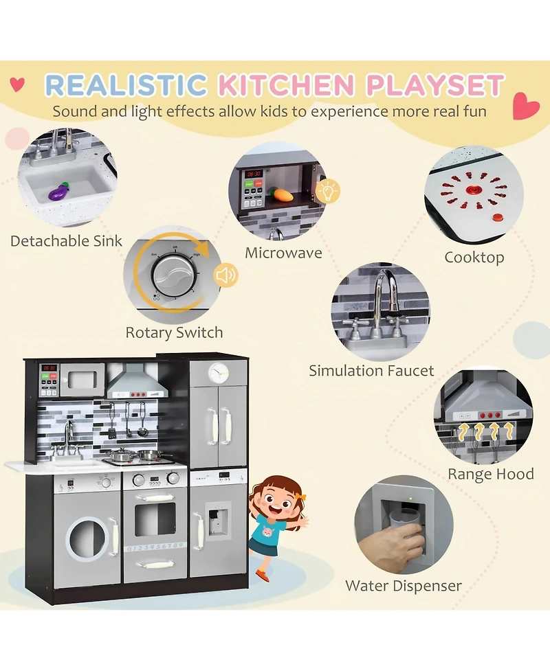 Kids Play Kitchen with Lights Sounds Analog Clock and Storage Shelves for Ages 3 to 6