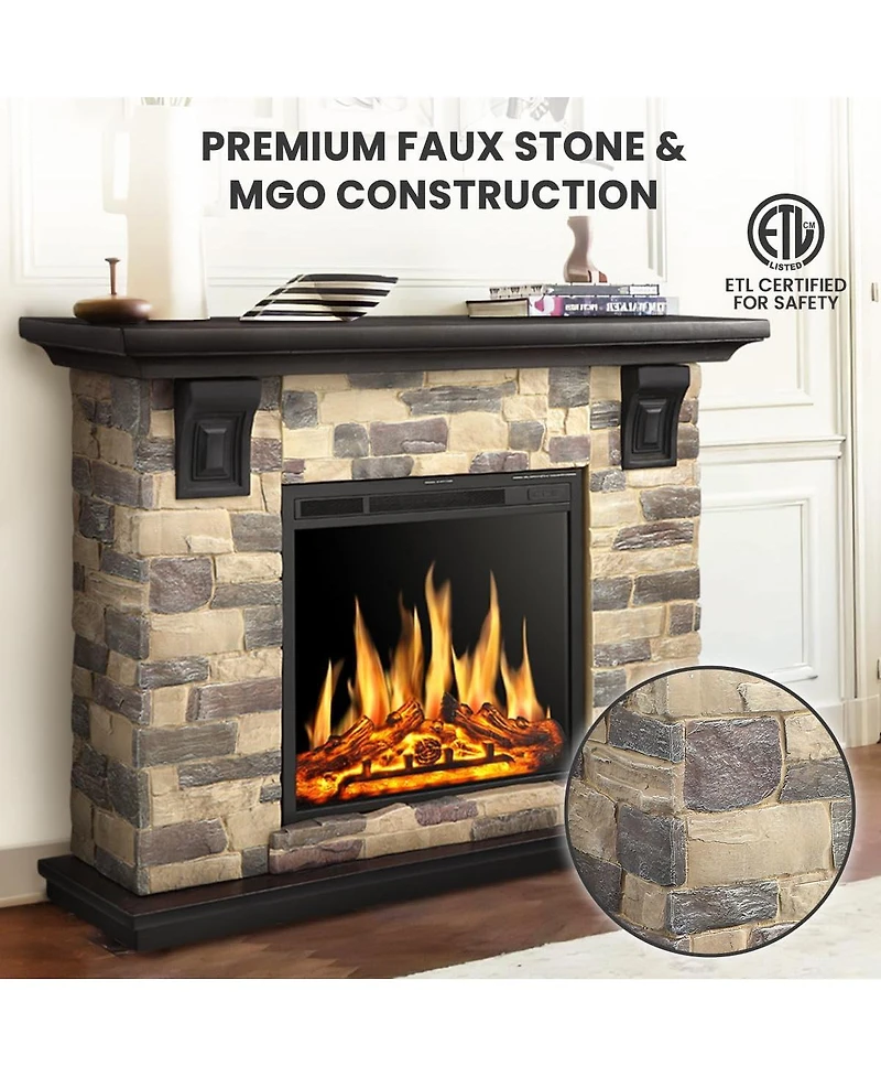 Cowsar 50" Electric Fireplace Tv Stand, Fireplace with Faux Stone-Look Mantel , 750/1500W Dual Heat Settings