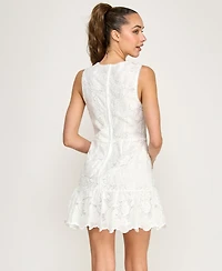 Alex & Sophia Juniors' Sleeveless Floral Embroidered Lace Crew Neck Dress