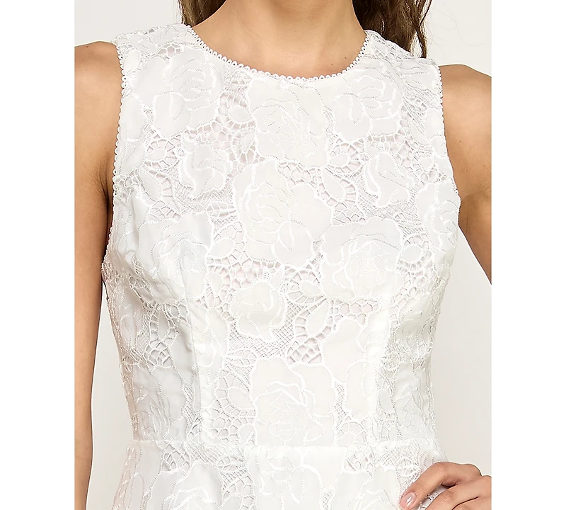 Alex & Sophia Juniors' Sleeveless Floral Embroidered Lace Crew Neck Dress