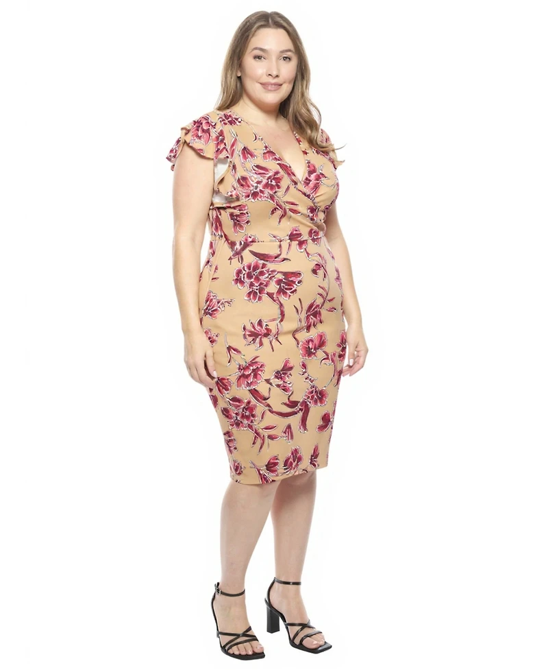 24seven Comfort Apparel Plus Floral Flutter Sleeve Faux Wrap Dress