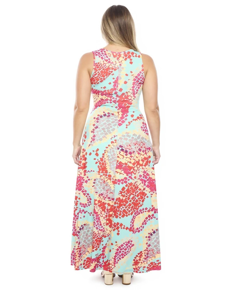 24seven Comfort Apparel Plus Abstract Scoop Neck Maxi Dress