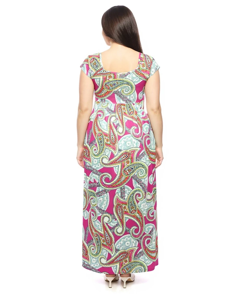 24seven Comfort Apparel Plus Paisley Square Neck Cap Sleeve Maxi Dress