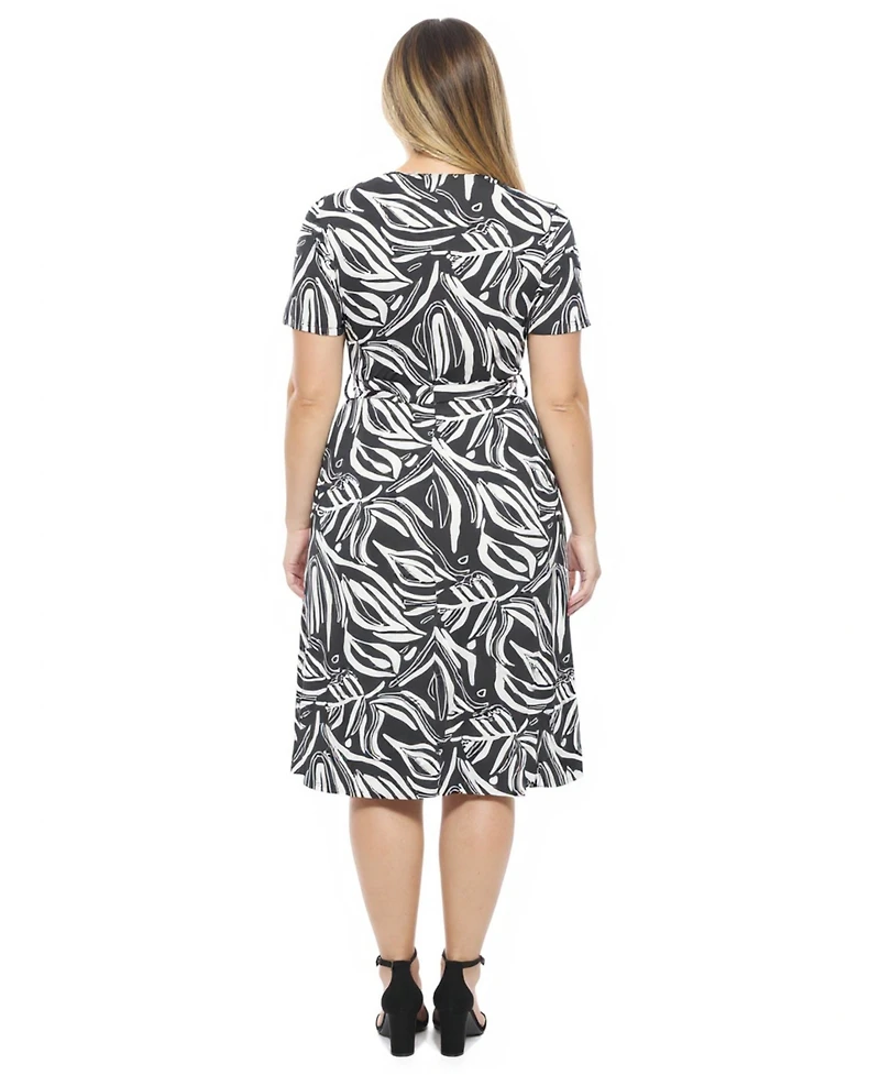 24seven Comfort Apparel Plus Abstract V-Neck A-Line Midi Dress