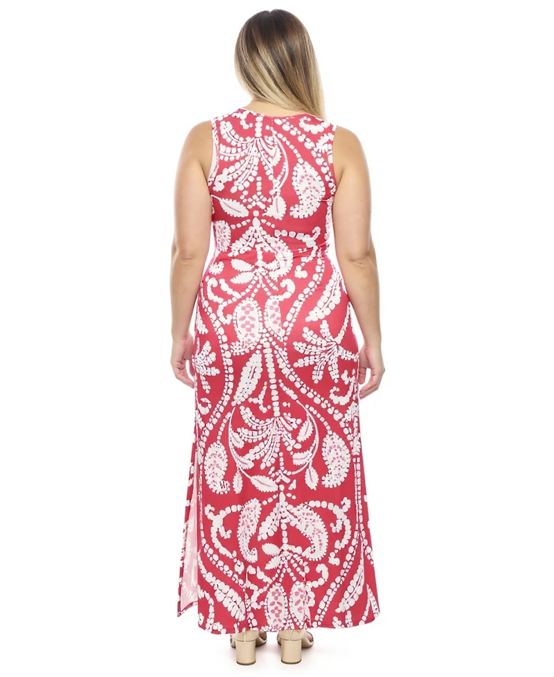 24seven Comfort Apparel Plus Paisley Side Slit Bodycon Maxi Dress