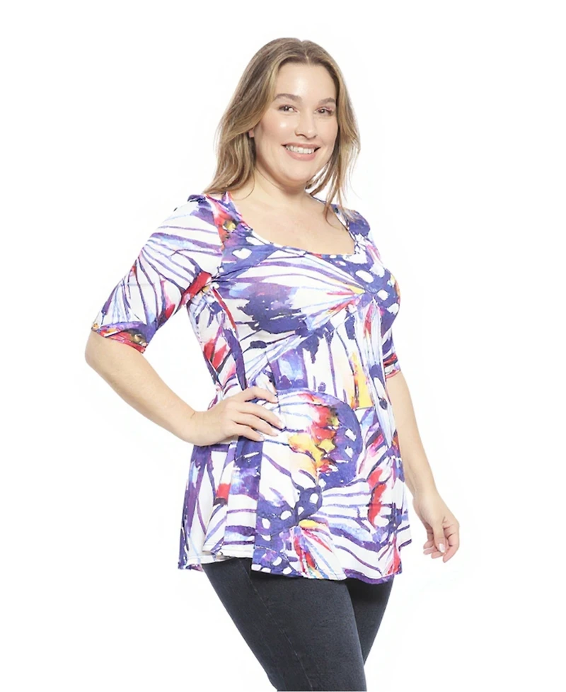 24seven Comfort Apparel Plus Butterfly Scoop Neck Elbow Sleeve Tunic Top