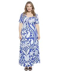 24seven Comfort Apparel Plus Paisley Elbow Sleeve A-Line Maxi Dress