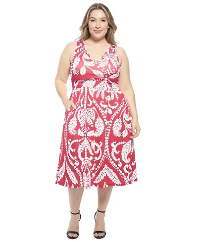 24seven Comfort Apparel Plus Paisley Pleated Pocket Fit and Flare Dress