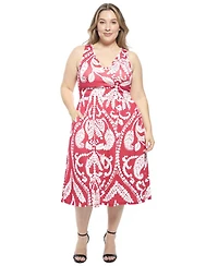24seven Comfort Apparel Plus Paisley Pleated Pocket Fit and Flare Dress