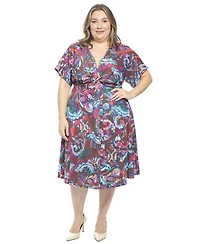 24seven Comfort Apparel Plus Abstract Dolman Sleeve Twist Front Dress