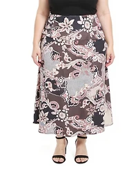 24seven Comfort Apparel Plus Paisley Elastic Waist A-Line Skirt