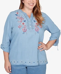 Alfred Dunner Plus Austin Floral Embroidered Tie Sleeve Henley Top