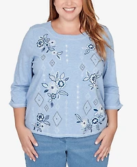 Alfred Dunner Plus Austin Floral Diamond Embroidered Knit Top