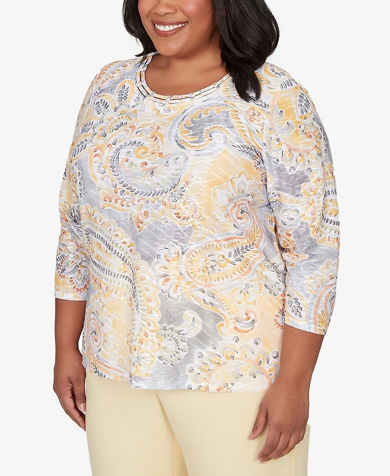 Alfred Dunner Plus Al Fresco Paisley Printed Patch Knit Top