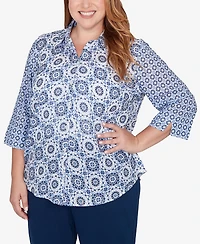 Alfred Dunner Plus Mykonos Geometric Button front closure Collared Top