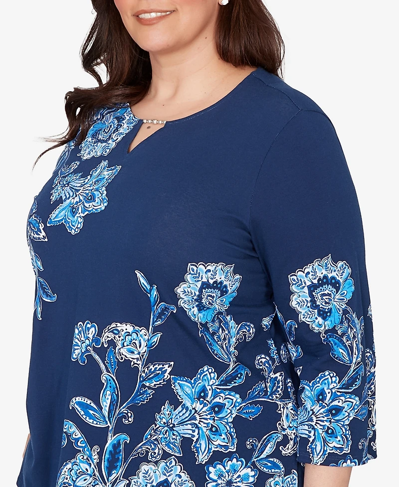 Alfred Dunner Plus Mykonos Asymmetrical Floral Split Beaded Neck Top