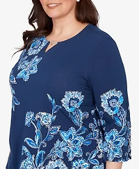 Alfred Dunner Plus Mykonos Asymmetrical Floral Split Beaded Neck Top