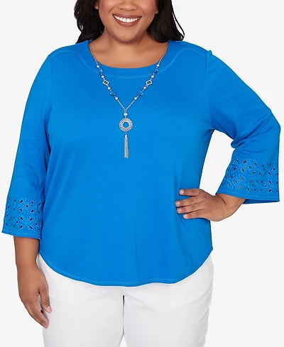 Alfred Dunner Plus Mykonos Eyelet Sleeve Solid Top with Necklace