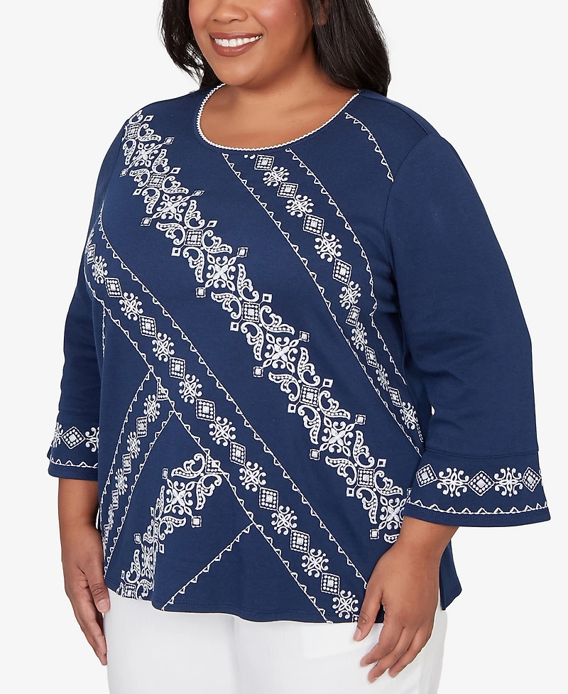 Alfred Dunner Plus Mykonos Diagonal Scroll Embroidered Crew Neck Top