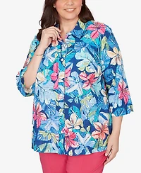 Alfred Dunner Plus The Royal Treatment Tropical Eyelet Button Down Top