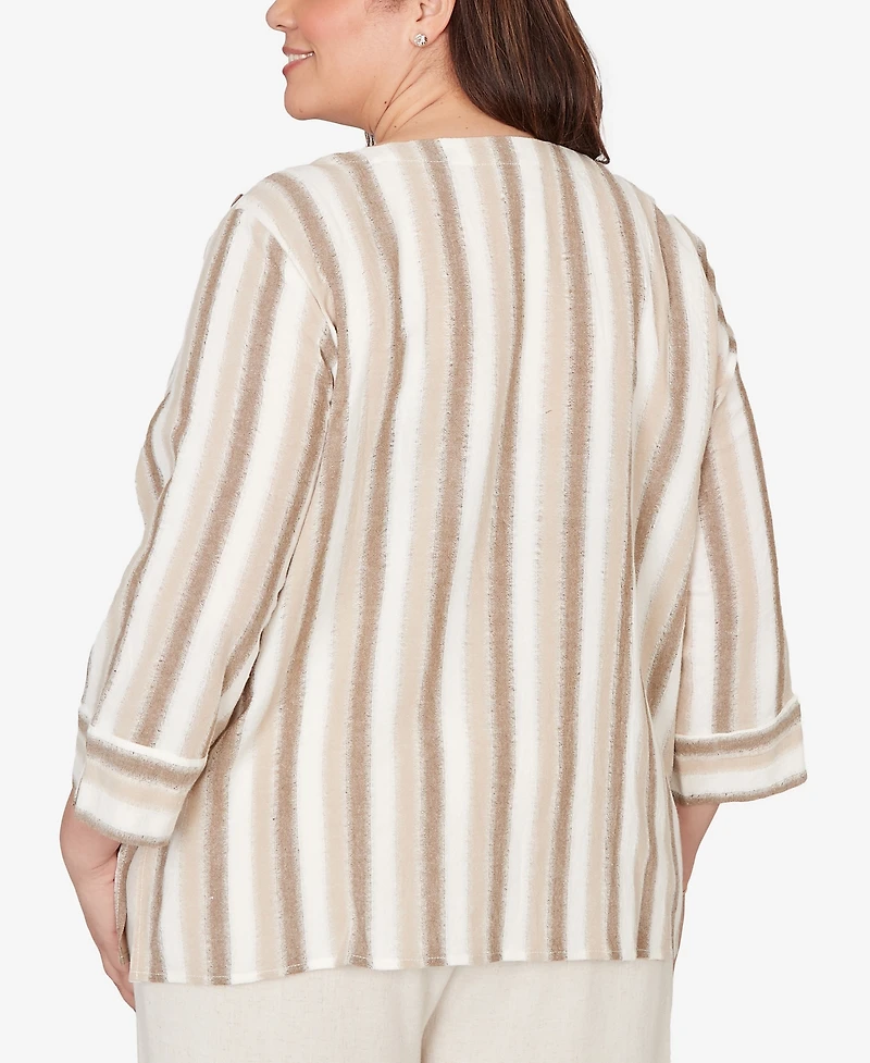 Alfred Dunner Plus Natural Wonder Spliced Stripe Three Quarter Sleeve Top