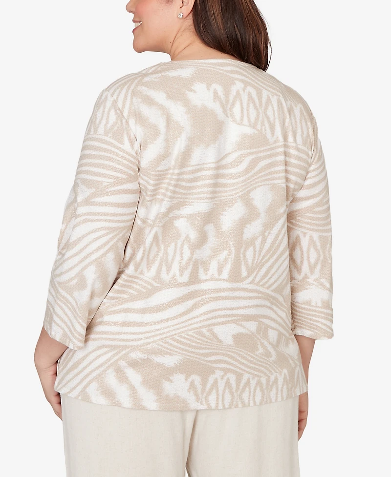 Alfred Dunner Plus Natural Wonder Animal Print Split Neck Beaded Top