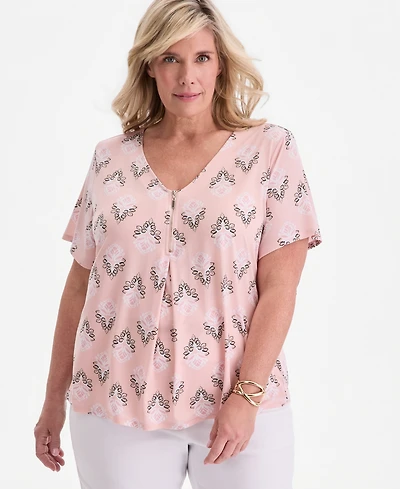 Jm Collection Plus Large Floret Zippered V-Neck Top, Macy's Exclusive