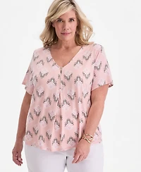 Jm Collection Plus Large Floret Zippered V-Neck Top, Macy's Exclusive