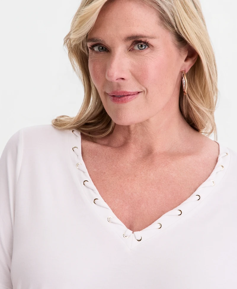 Jm Collection Plus Lace-Up V-Neck T-Shirt, Macy's Exclusive