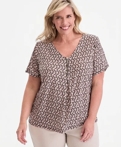 Jm Collection Plus Zippered V-Neck Top