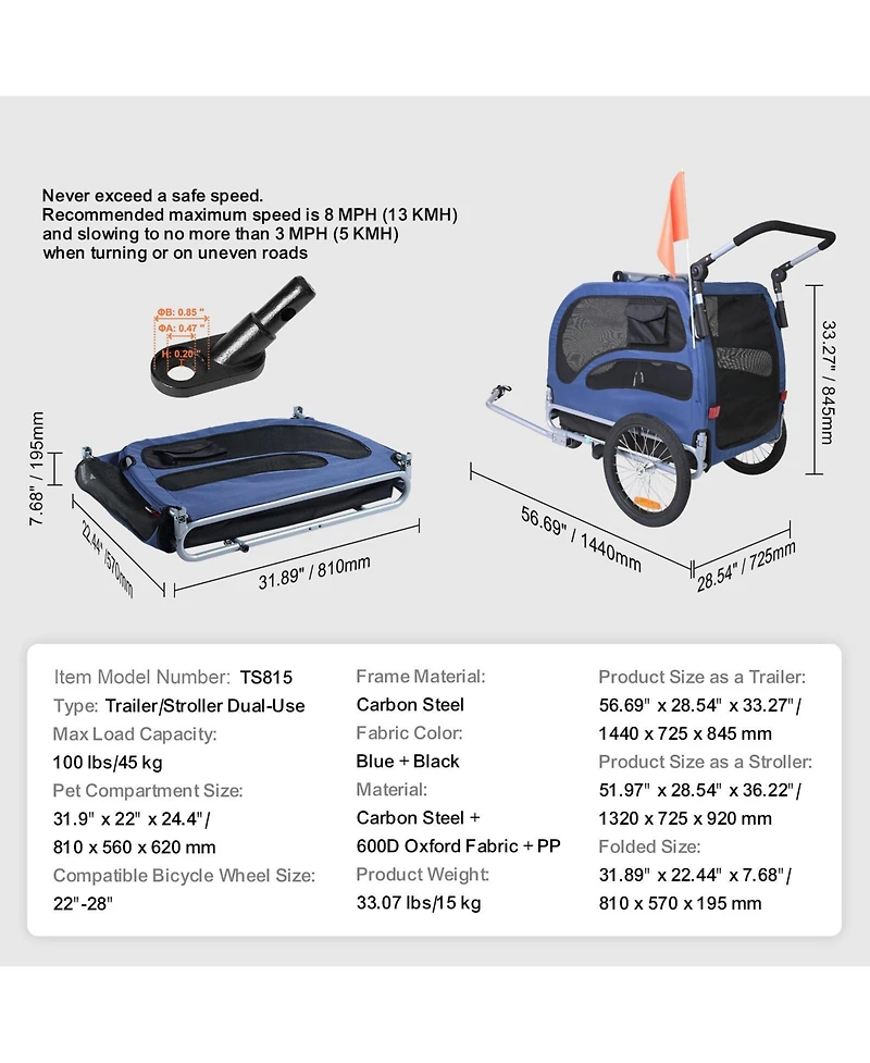 Sugift Dog Bike Trailer 2-in-1 Pet Stroller Carrier 100 Lb Capacity
