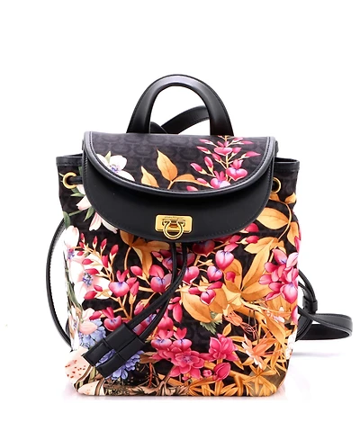 Pre-Owned Salvatore Ferragamo Mini Gancini Flap Drawstring Backpack Printed Gancini Nylon and Leather
