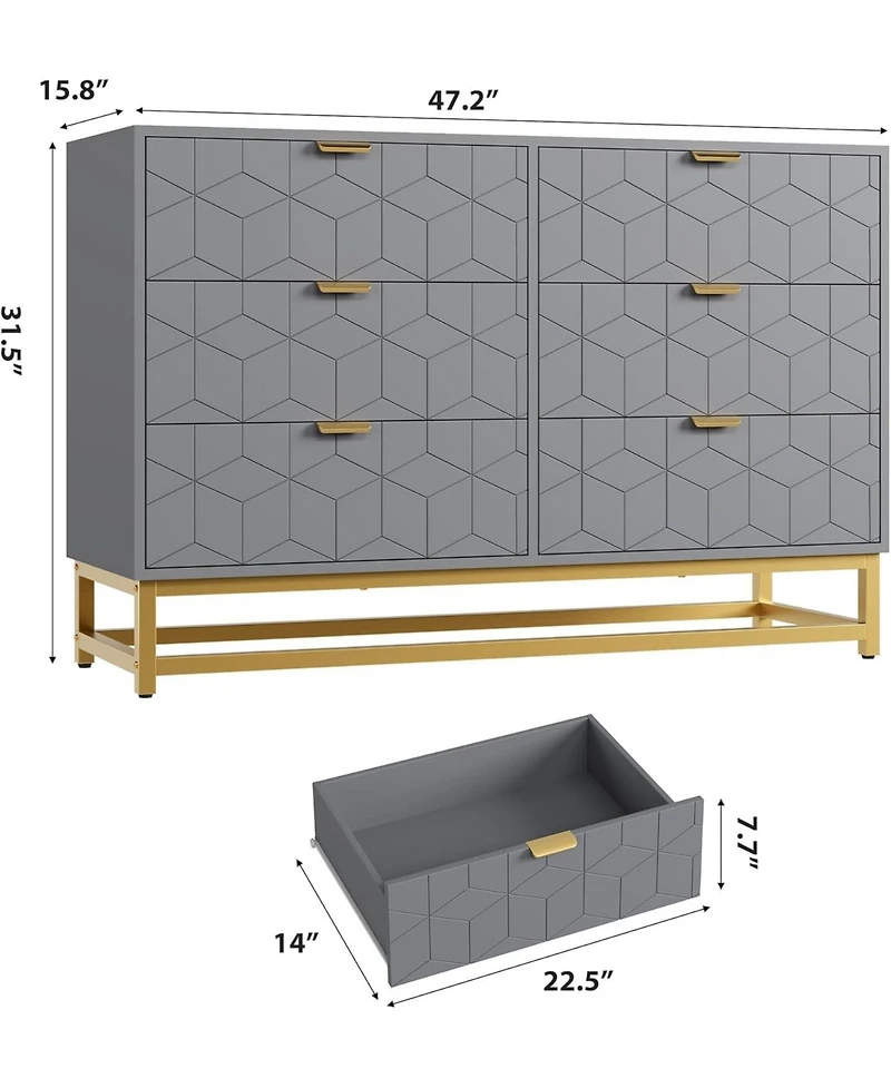 gaomon Grey Dresser for Bedroom, 6 Drawer Dresser with Metal Legs, Wood Dressers Chest Organizer with Wide Storage, Modern Chest of Drawers