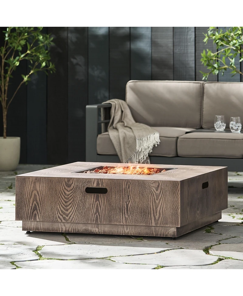 Flynama Wellington Square Iron Fire Pit with Wood Pattern 50000 Btu Tank Outside