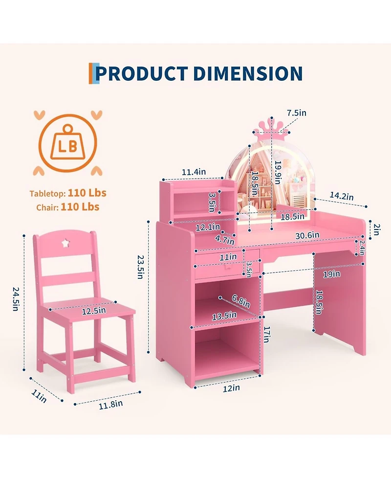Gaomon Kids Vanity Lighted Mirror - 2 in 1 Princess Vanity Set Toddler Vanity Table and Chair Set for Bedrooms, Apartments