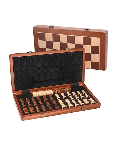 Gse Games & Sports Expert 15" Large Wooden Folding 2-in-1 Chess and Checkers Board Game Set with Chess Storage Slots Drawer