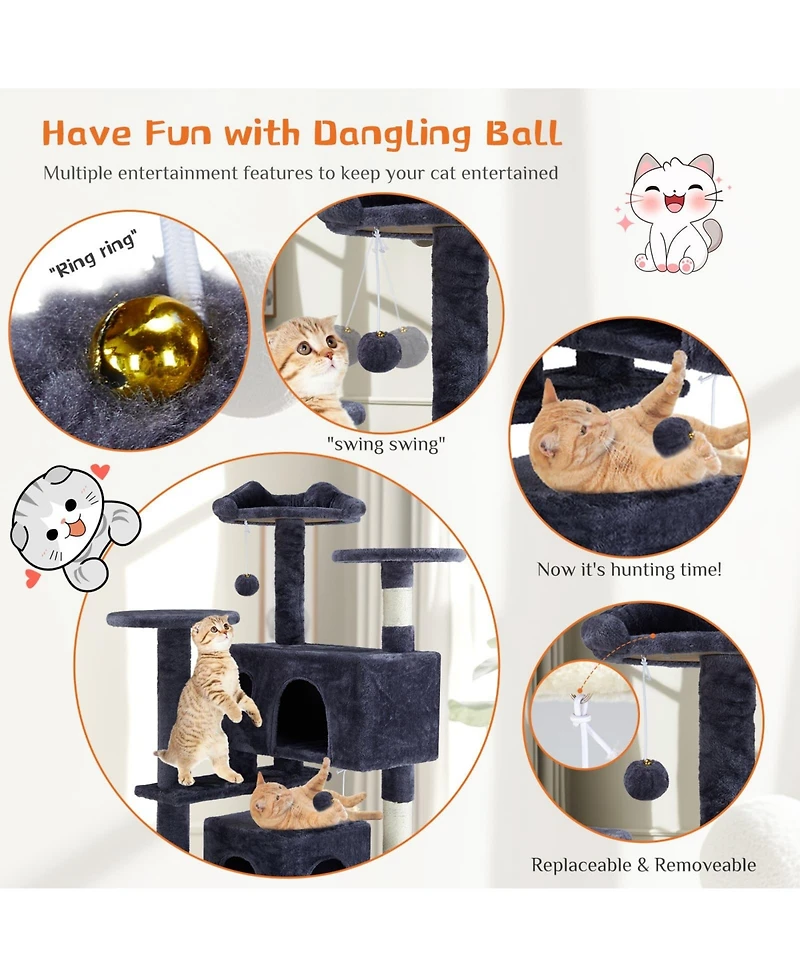 Zeus & Ruta 54in Dark Blue Multi-Functional Cat Tree: Climbing Frame, Lounge, Detachable Toy