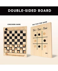 Gse Games & Sports Expert 2-in-1 Reversible Natural Wood Checkers & Tic-Tac-Toe Board Game Combo Set with Game Pieces