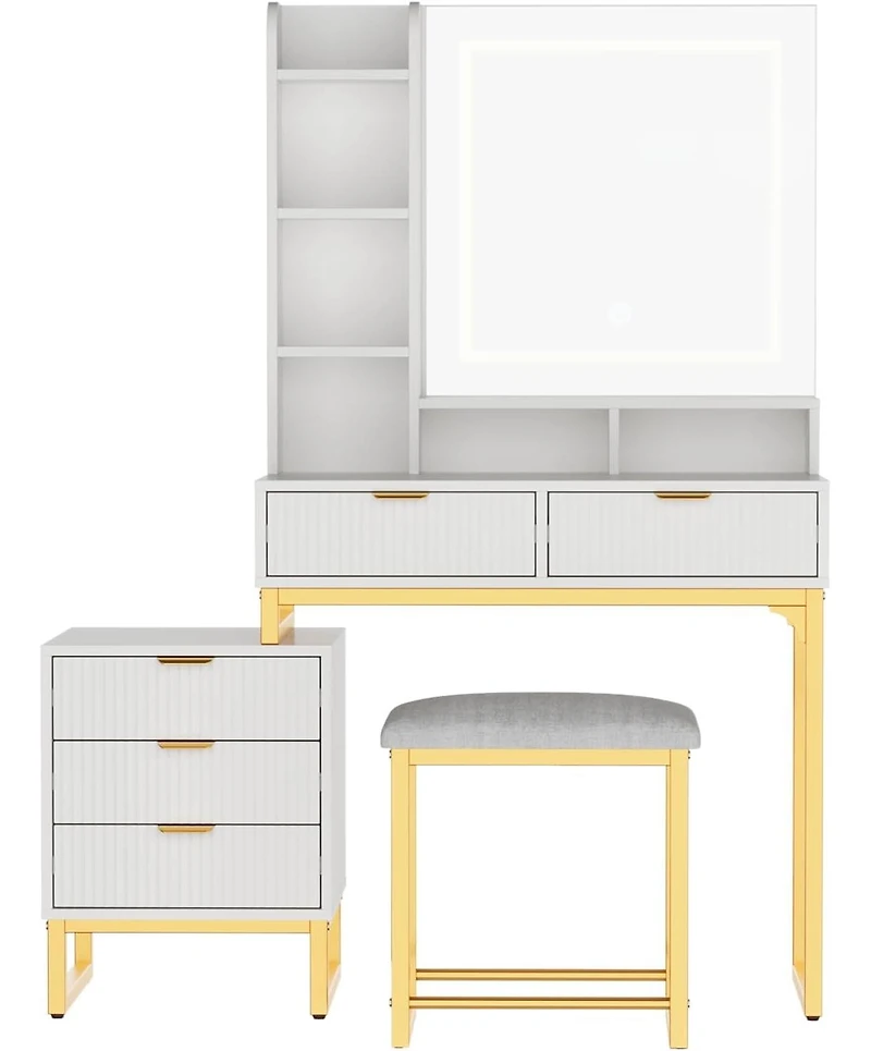 Gaomon Vanity Desk Mirror and Lights Fluted Vanity Desk for Bedrooms, Apartments, Easy to Assemble