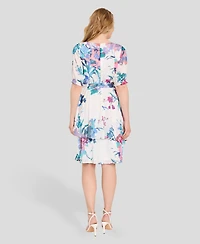 Tahari Asl Women's Faux Wrap Printed Ruffle Hem V-Neck Dress
