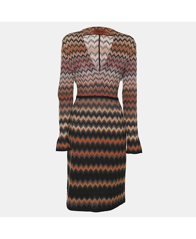 Pre-Owned Missoni Women's Multicolor Zig Zag Print Rib Knit Long Sleeve V Neck Midi Dress
