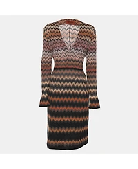 Pre-Owned Missoni Women's Multicolor Zig Zag Print Rib Knit Long Sleeve V Neck Midi Dress