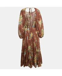 Pre-Owned Zimmermann Womens Brown Floral Print Silk Belted Zinnia Dress