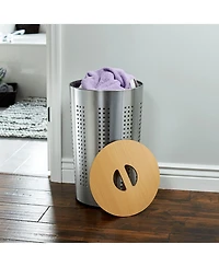 Household Essentials Round Metal Hamper with Engineered Wooden Lid, Stainless Steel