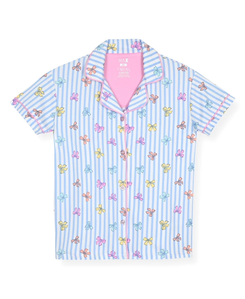 Max & Olivia Girls' 6X-14 Stripe Bow Top, Short Pants Scrunchie, 3-Piece Set