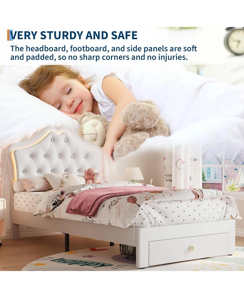 gaomon Twin Bed Frame with Led Lights & Velvet Crystal Button Headboard, Upholstered Platform Storage Drawer, Noise Free