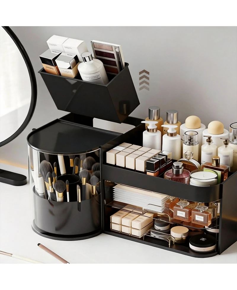 Yigii Elegant Makeup Organizer with Rotating Brush Holder & Drawers for Vanity Storage