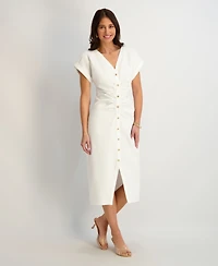kensie Women's Faux Linen V-Neck Midi Dress