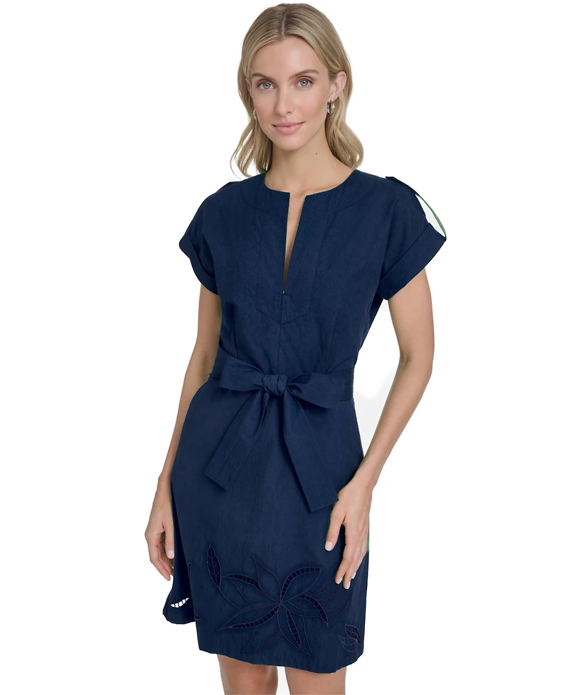 Vince Camuto Petite Embroidered V-Neck Short Dress